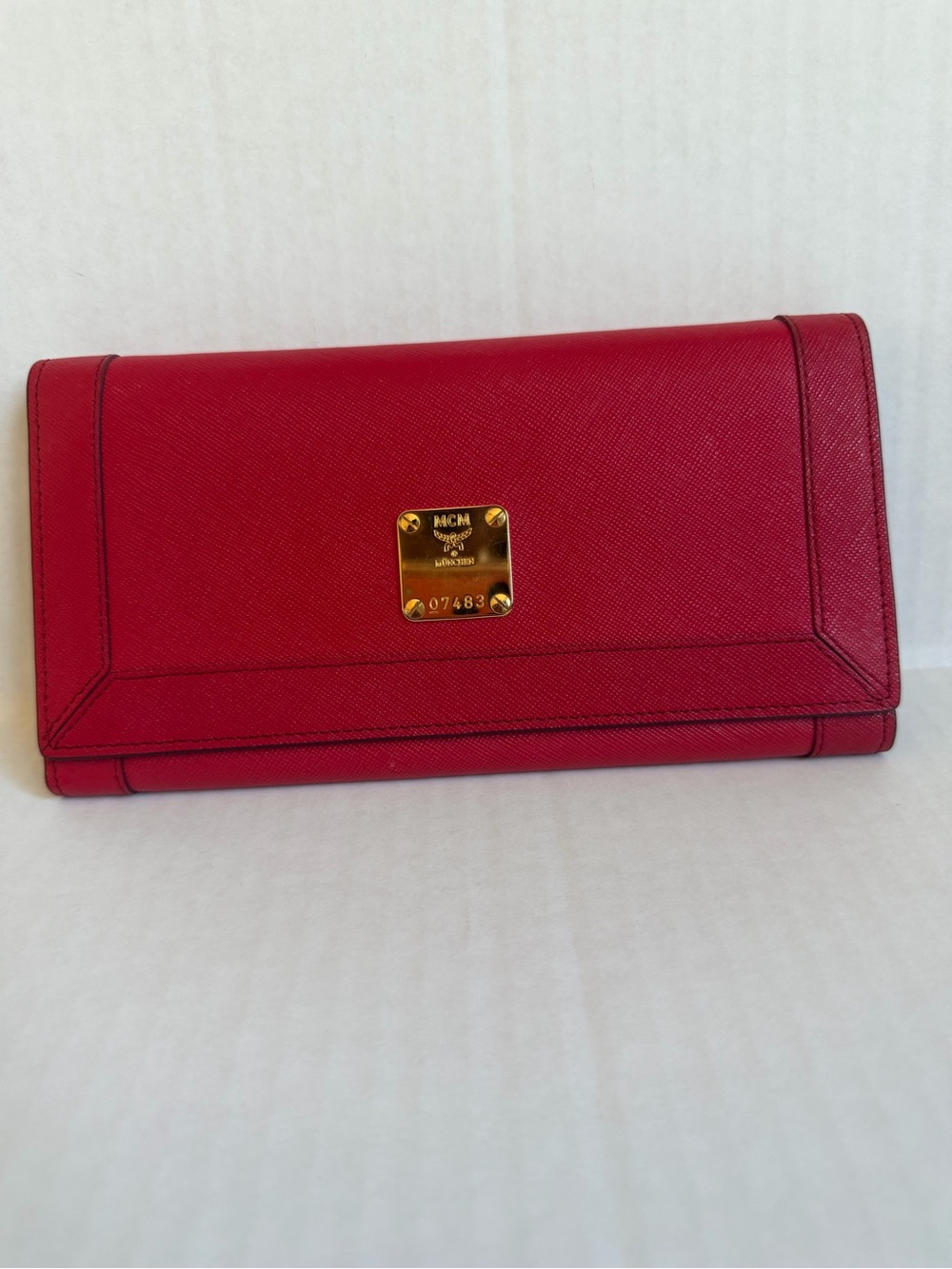 MCM Red Safiano Leather Continental Wallet with Gold Plaque Accent